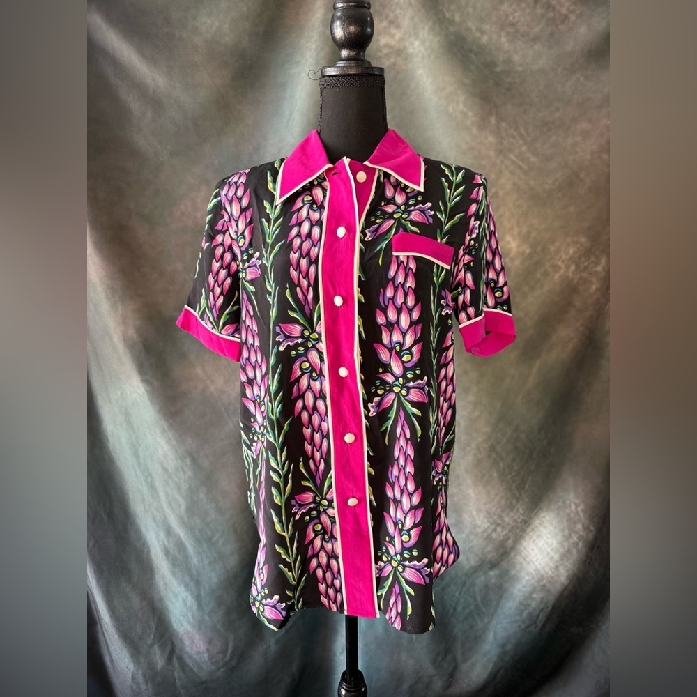 Vintage Bob Mackie Pink and Black Floral Women's Shirt 100% Silk!